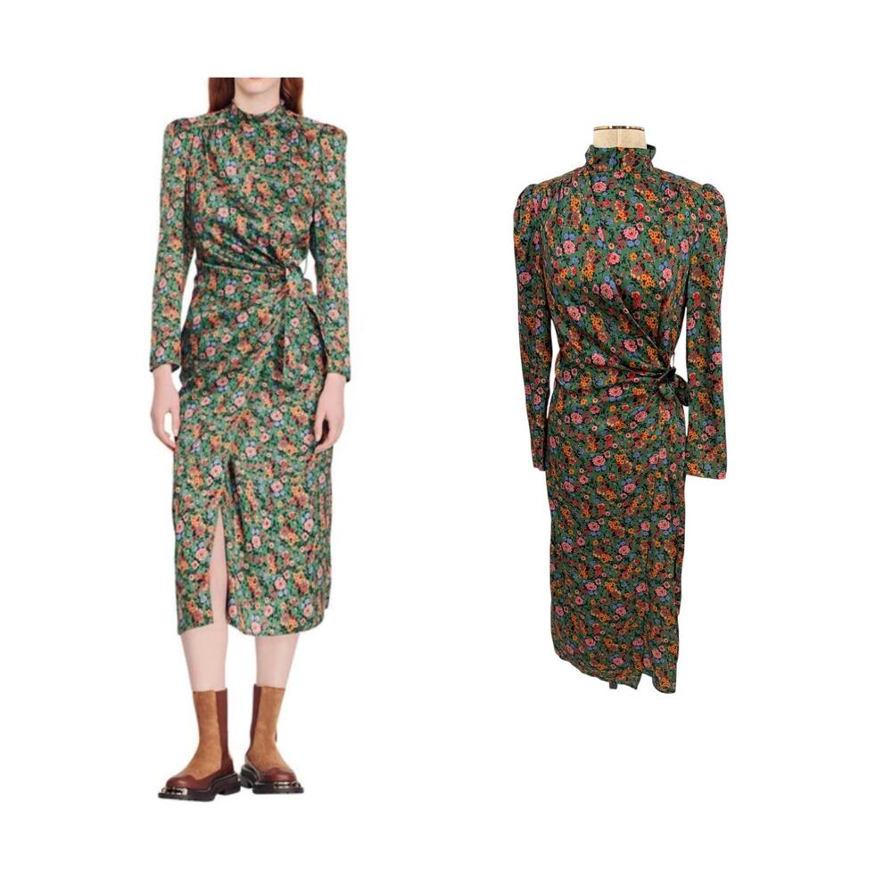 Sandro Lueur Floral Midi Dress Green Puff Sleeve Wrap Size FR 40 US 8